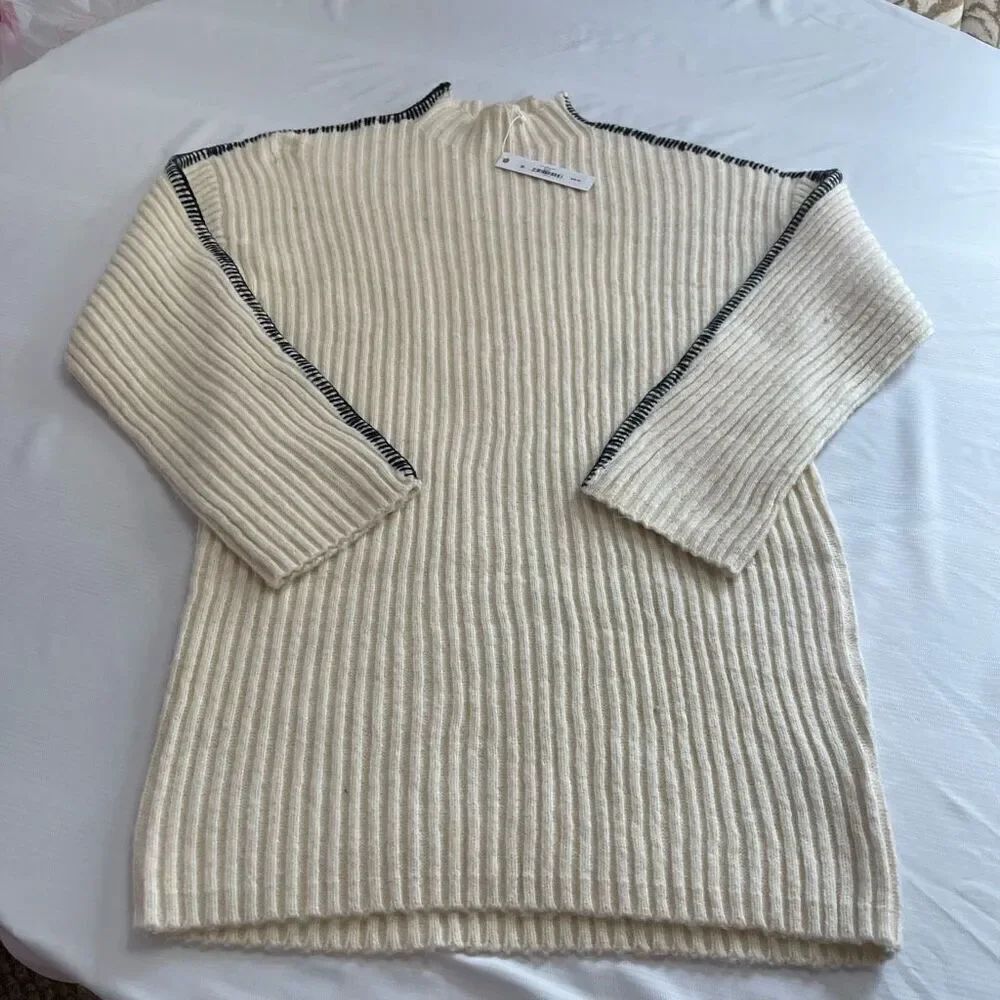 NWT Steve Madden Cream Mock Neck Rib Oversized Sweater Dress Size Medium New